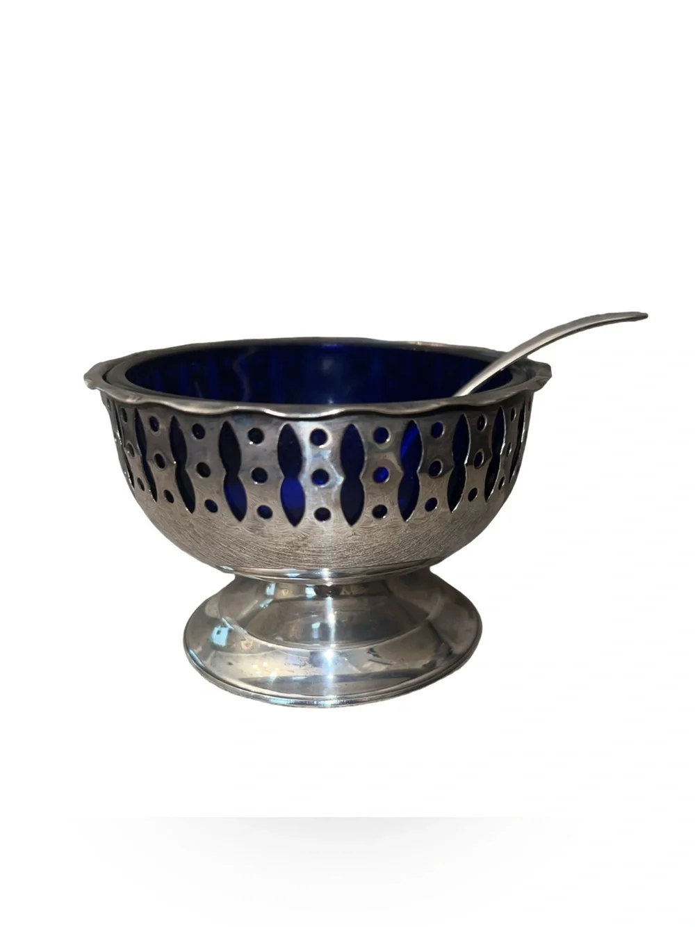 Vintage Silver Plated Sugar Dish With Original Cobalt Blue Glass Bowl & Spoon